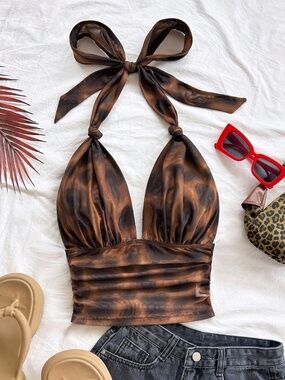 Mesh Leopard print halter top